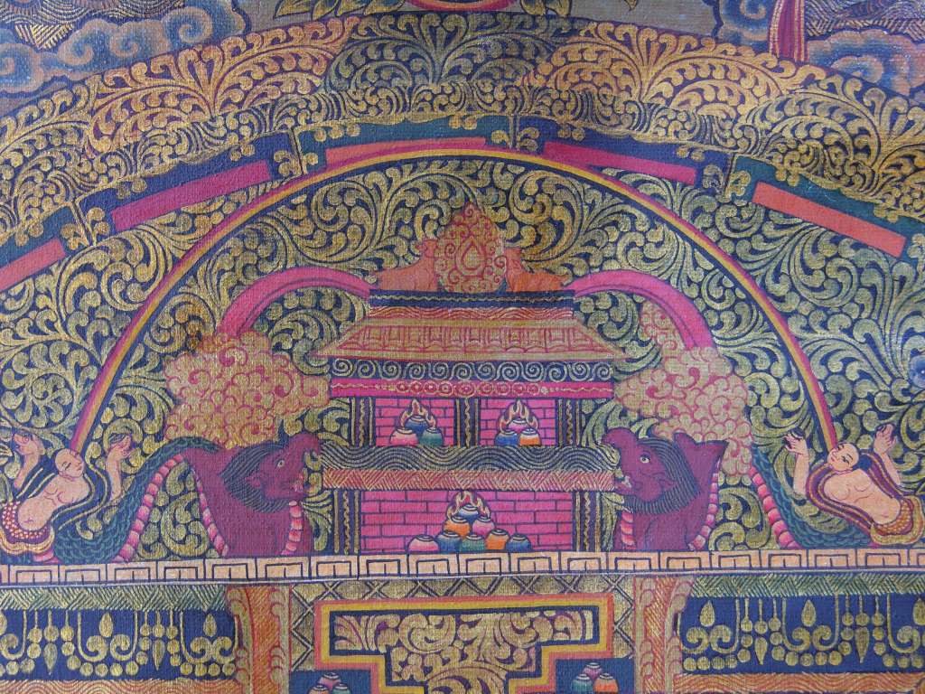 Chakrasamvara Mandala 08 West Gate And Circles After crossing the moatlike outer circles, you approach the four-walled palace where the deities live, each gate with a particular colour, direction, element, and emotion. You enter each of the four gates, beginning with the blue gate at the bottom, and move in a clockwise direction. The bottom blue gate in the east, the direction of beginnings, represents water and universal love; on the left the yellow gate in the south represents earth and compassion; on the top the red gate (shown) in the west represents fire and unconditional love; on the right the green gate in the north represents air and empathy.